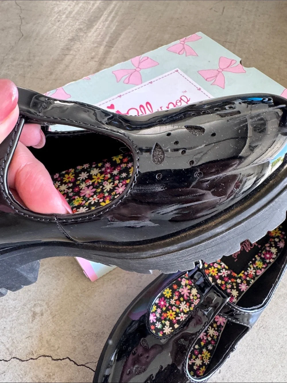 Jellypop Pandora Kids Black Patent Mary Jane Shoes with Flower Insole